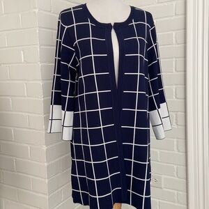 Spanner Classic Size L Blue And White Plaid Nautical Long Open Front Sweater